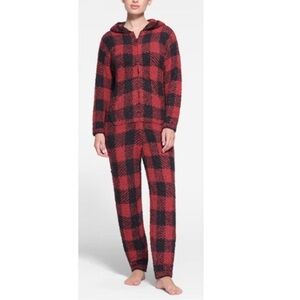 NWOT SKIMS Unisex Red Black Brick Buffalo Check Cozy Knit Onesie Size S/M